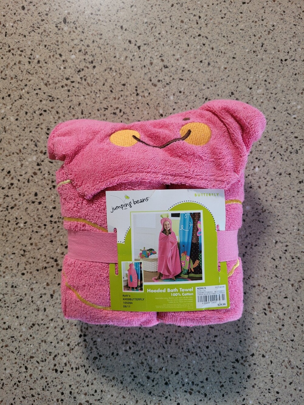 Jumping Beans® Pink Butterfly Hooded Bath Towel Kids Size 100% Cotton Wrap
